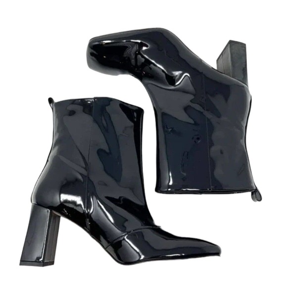 NWT Good American Black Patent Leather Shiny Block Heel Ankle Booties Size 7.5 - Picture 2 of 10